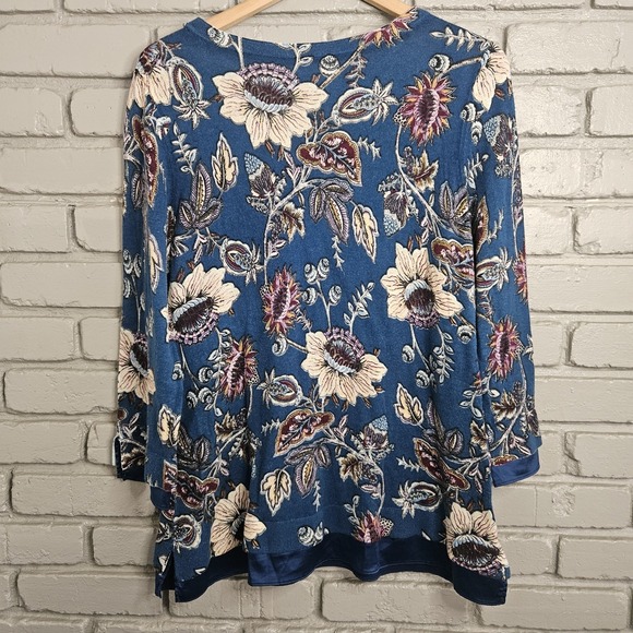 Chicos Womens Sweater 2 Blue Floral Tiered Paisley Satin Hem Teal - Picture 4 of 13